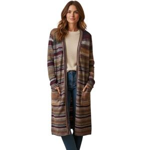 Two Sisters Medium Earth Tone Neutral Stripe Cardigan Linen Blend Lagenlook